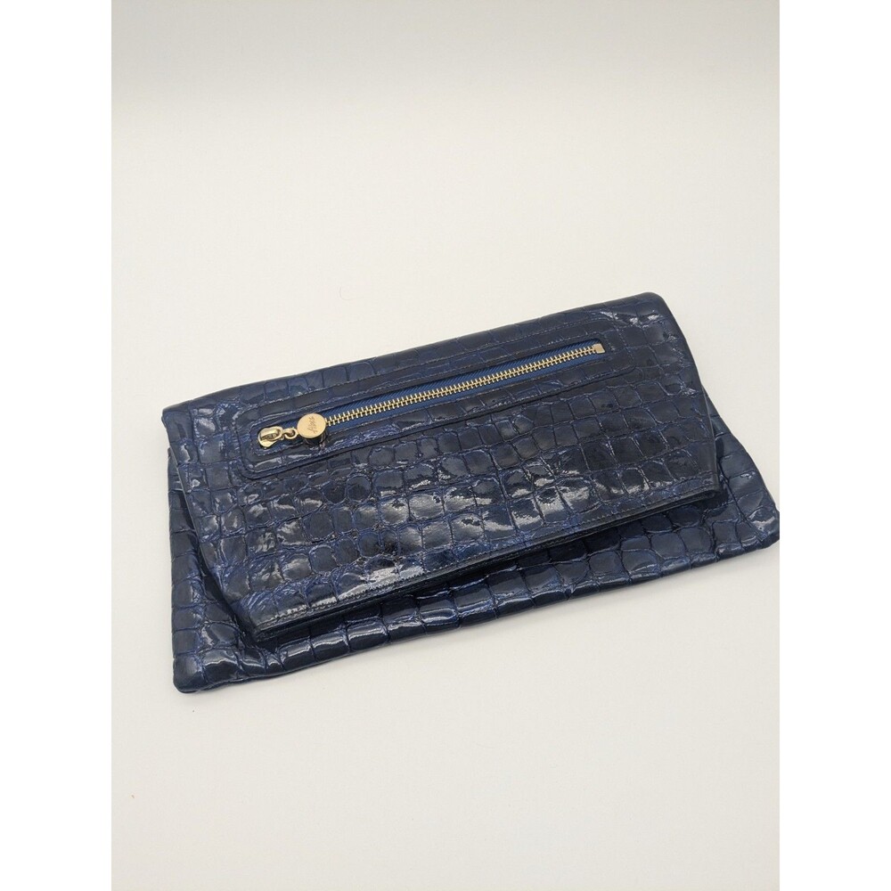 Abas Genuine Alligator Leather Navy Blue Fold Over Evening Clutch Gold Hardware
